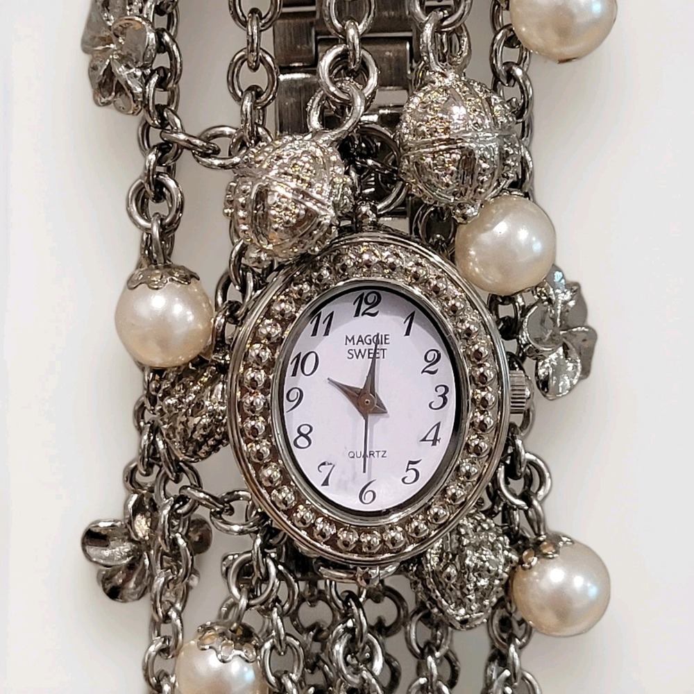Maggie Sweet Silver Multiple Charm Floral Pearl Bracelet Watch